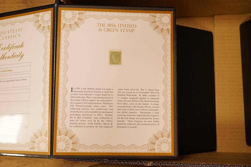 A large collection of stamps in Westminster Collection cases with certificates to include 1856 Queen Victoria 6d Lilac, 1884 10 Shilling ‘Cobalt Blue’ stamp, 1884 Victorian High Value Definitives (2s 6d, 5s, 10s), 1872-7